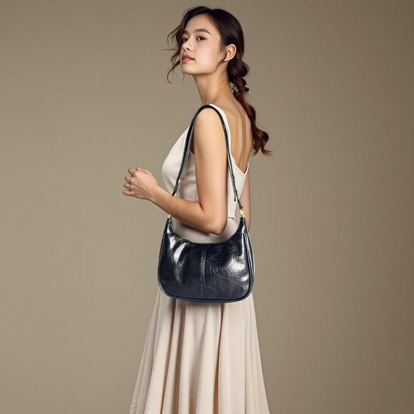 Waxed Leather Crossbody Bag For Women Small Vintage Crescent Hobo Purse - Picture 3 of 8